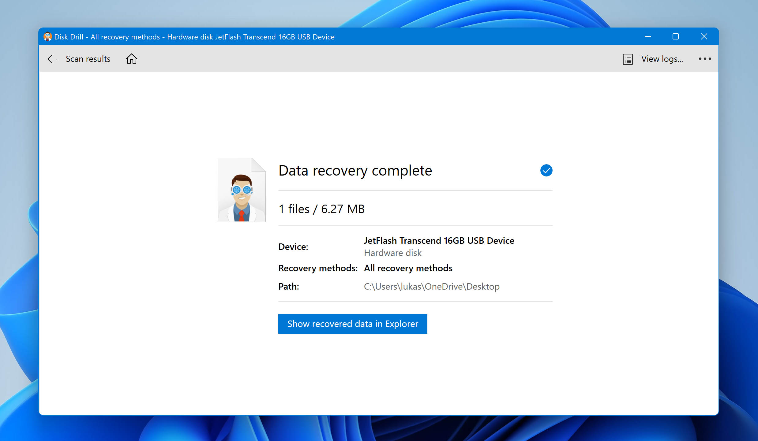 Click Show recovered data in Explorer